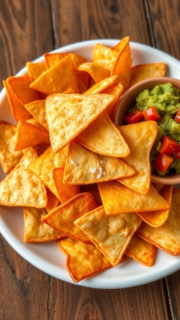 A plate of golden nacho chips with salsa and guacamole on a rustic table.